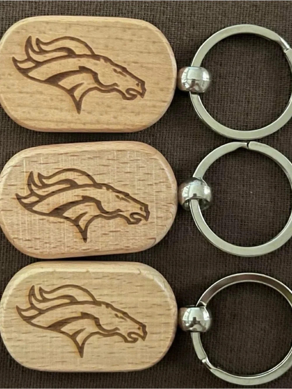 Set of 3 Wooden Keychains with Engraved Broncos Logo - Natural Brown